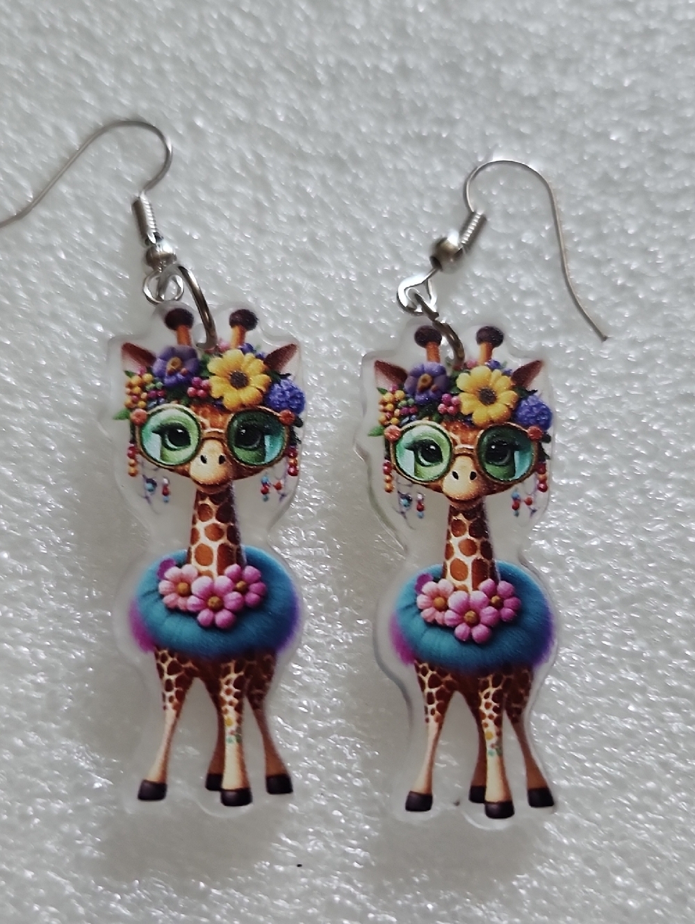 Hand Crafted Colorful Giraffe Floral Drop Earrings - Teal, Purple, Pink, Yellow